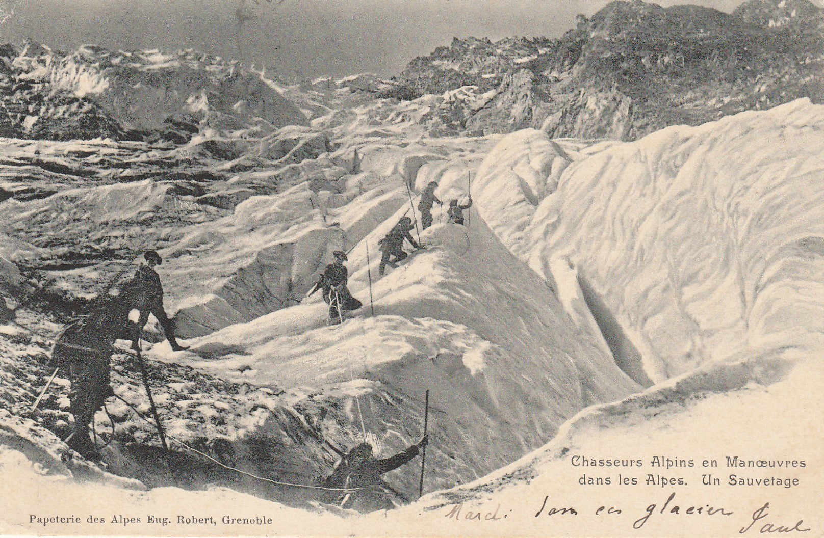 CHASSEURS ALPINS 38 Grenoble. En Manoeuvres dans les Alpes pour un Sauvetage 1903