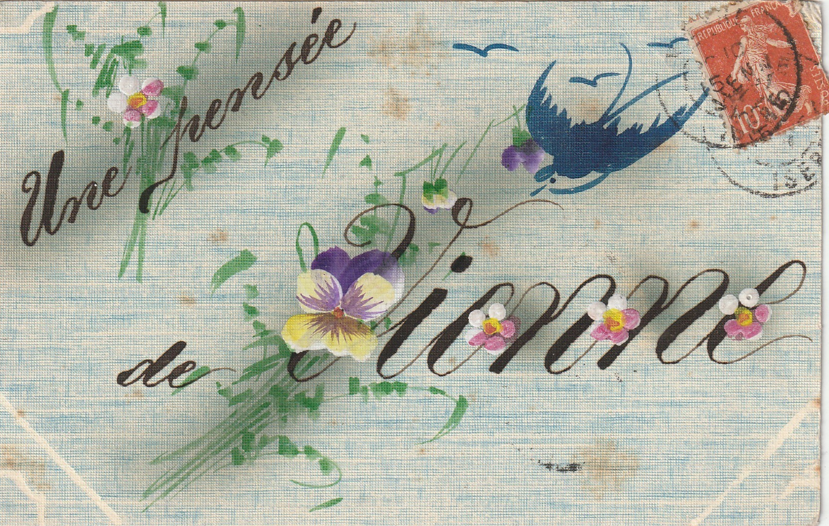 38 VIENNE. Carte toilée avec Hirondelle et Pensée 1907