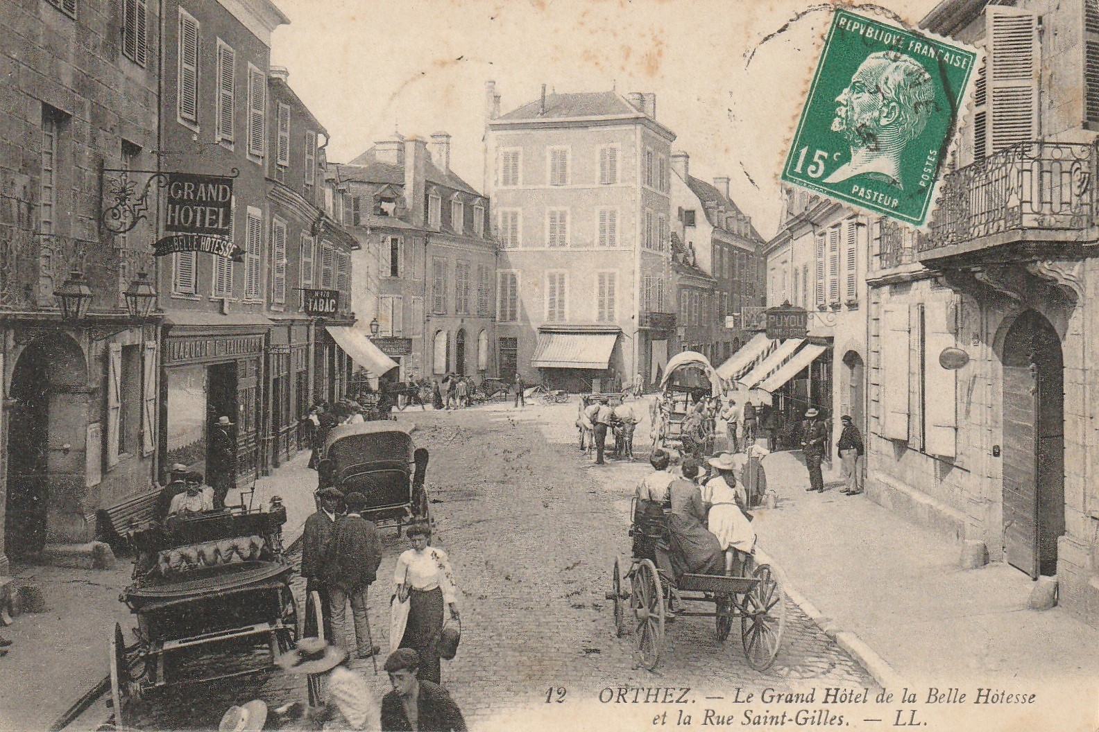 64 ORTHEZ. Grand Hôtel de la Belle Hôtesse rue Saint-Gilles. Fiacres et attelage boeufs