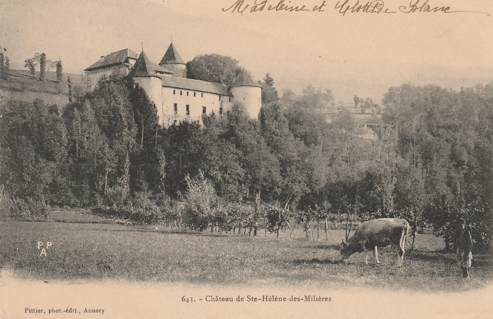73 CHATEAU DE SAINTE-HELENE-DES-MILIERES. Paysan et Vache. Timbre 1 centime 1903