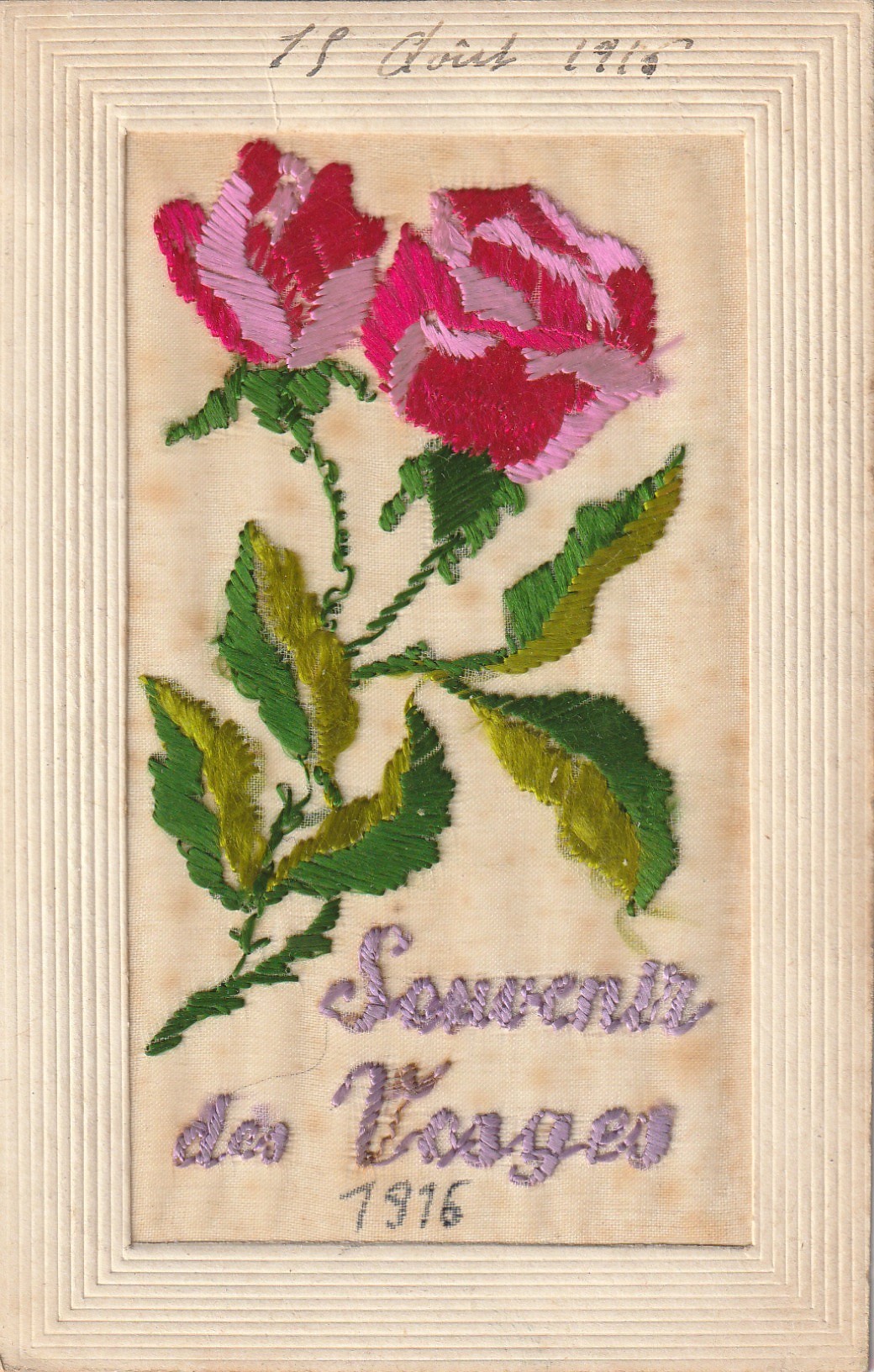 88 SOUVENIR DES VOSGES. Roses brodées avec fils de Soie sur voile en 1916