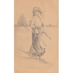 Rare Illustratrice HENRIETTE D. P.. La Canadienne avec raquettes de neige 1907 envoyée par elle-même du Canada