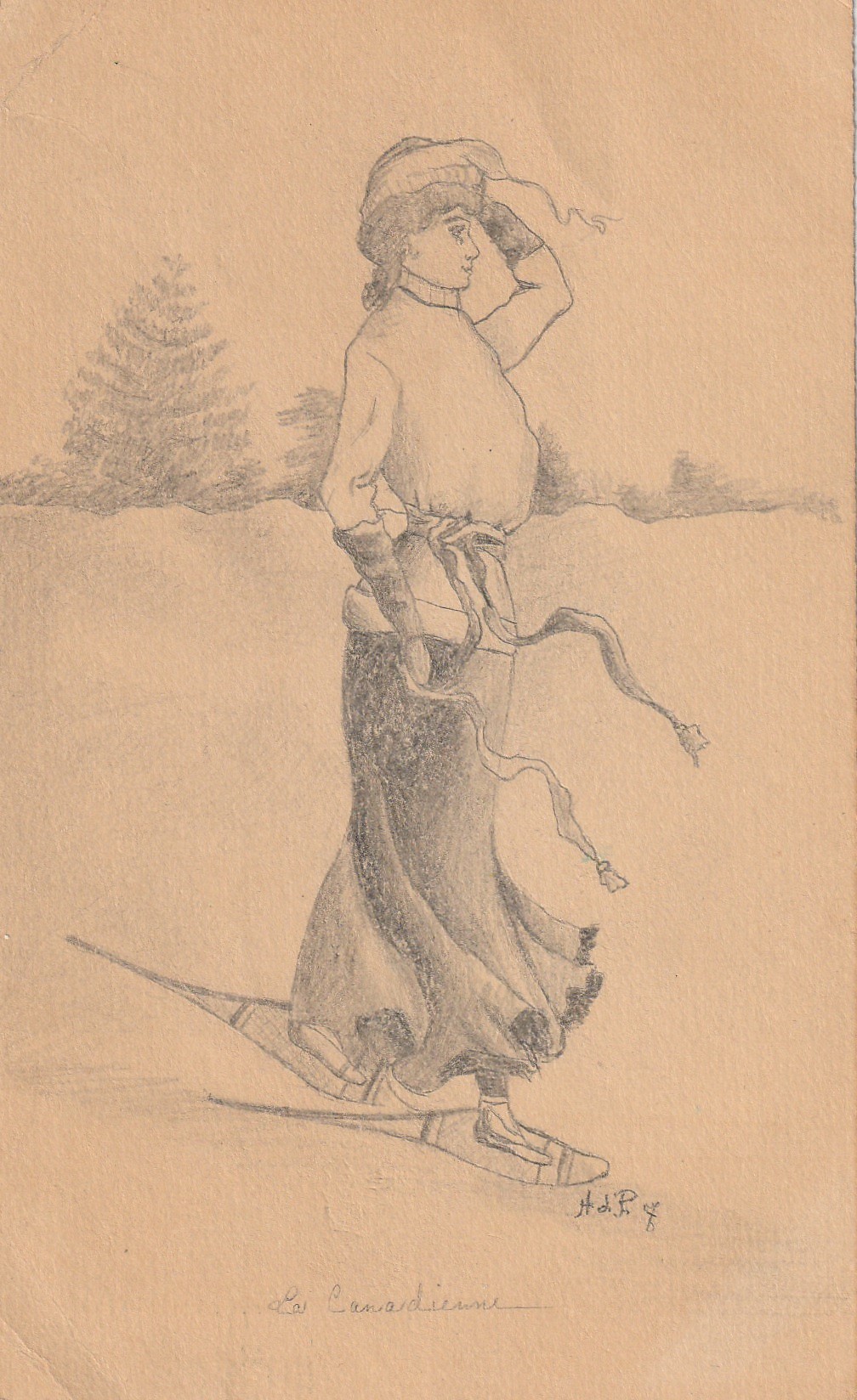 Rare Illustratrice HENRIETTE D. P.. La Canadienne avec raquettes de neige 1907 envoyée par elle-même du Canada