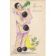 Exceptionnelle Carte peinte à la main. Le Pierrot au clair de Lune se désaltérant par Ludie 1912