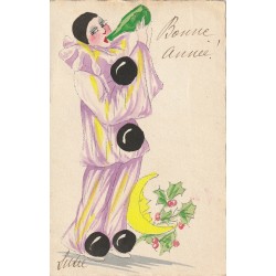 Exceptionnelle Carte peinte à la main. Le Pierrot au clair de Lune se désaltérant par Ludie 1912
