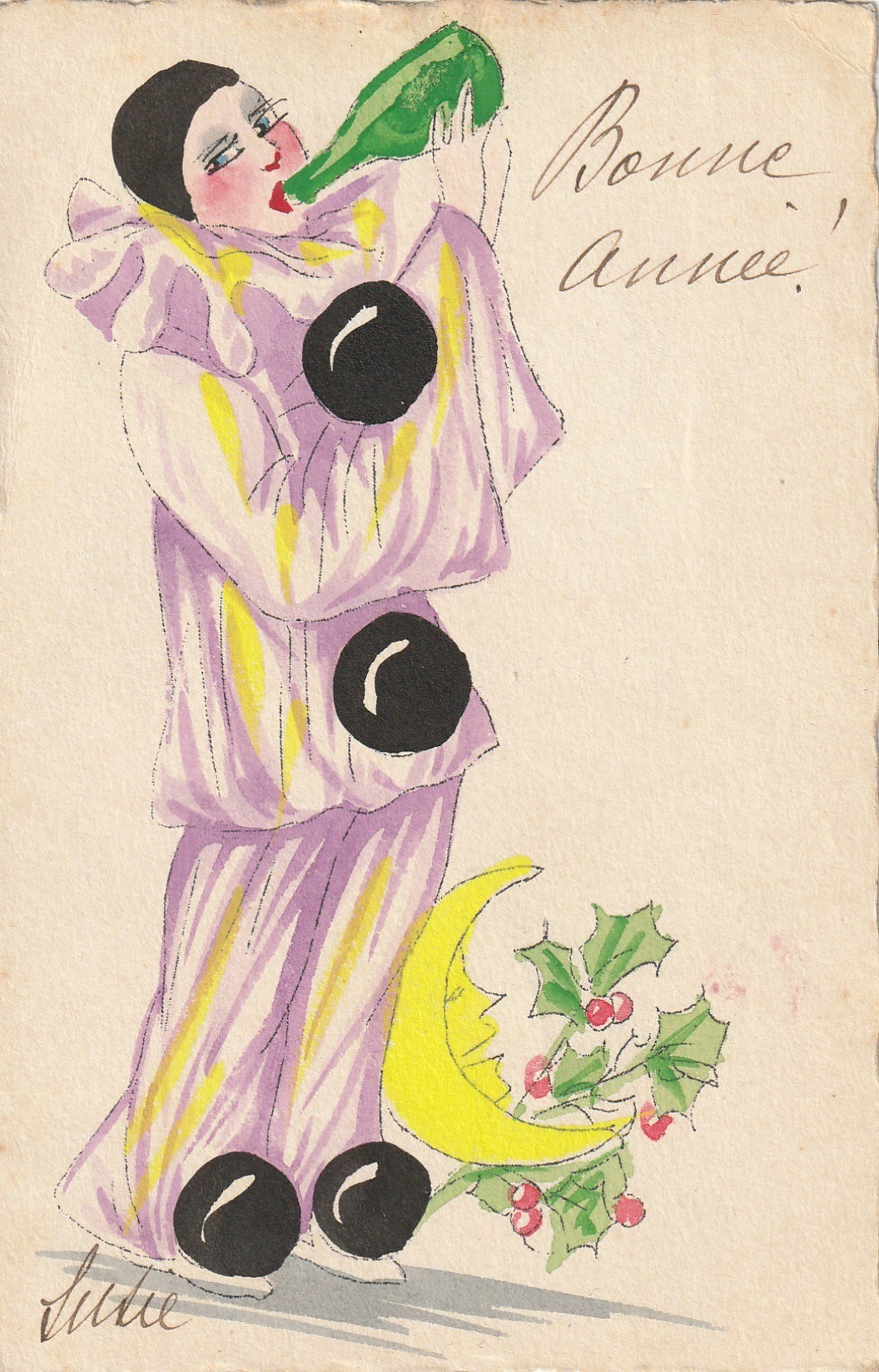 Exceptionnelle Carte peinte à la main. Le Pierrot au clair de Lune se désaltérant par Ludie 1912