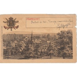 MORESNET. Le Village et ses Armoiries. Carte style parchemin bords dentelés à la ficelle