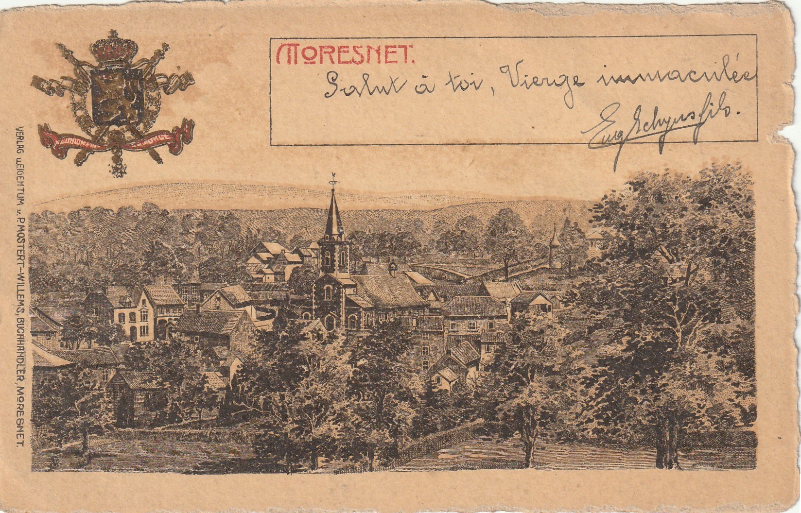MORESNET. Le Village et ses Armoiries. Carte style parchemin bords dentelés à la ficelle