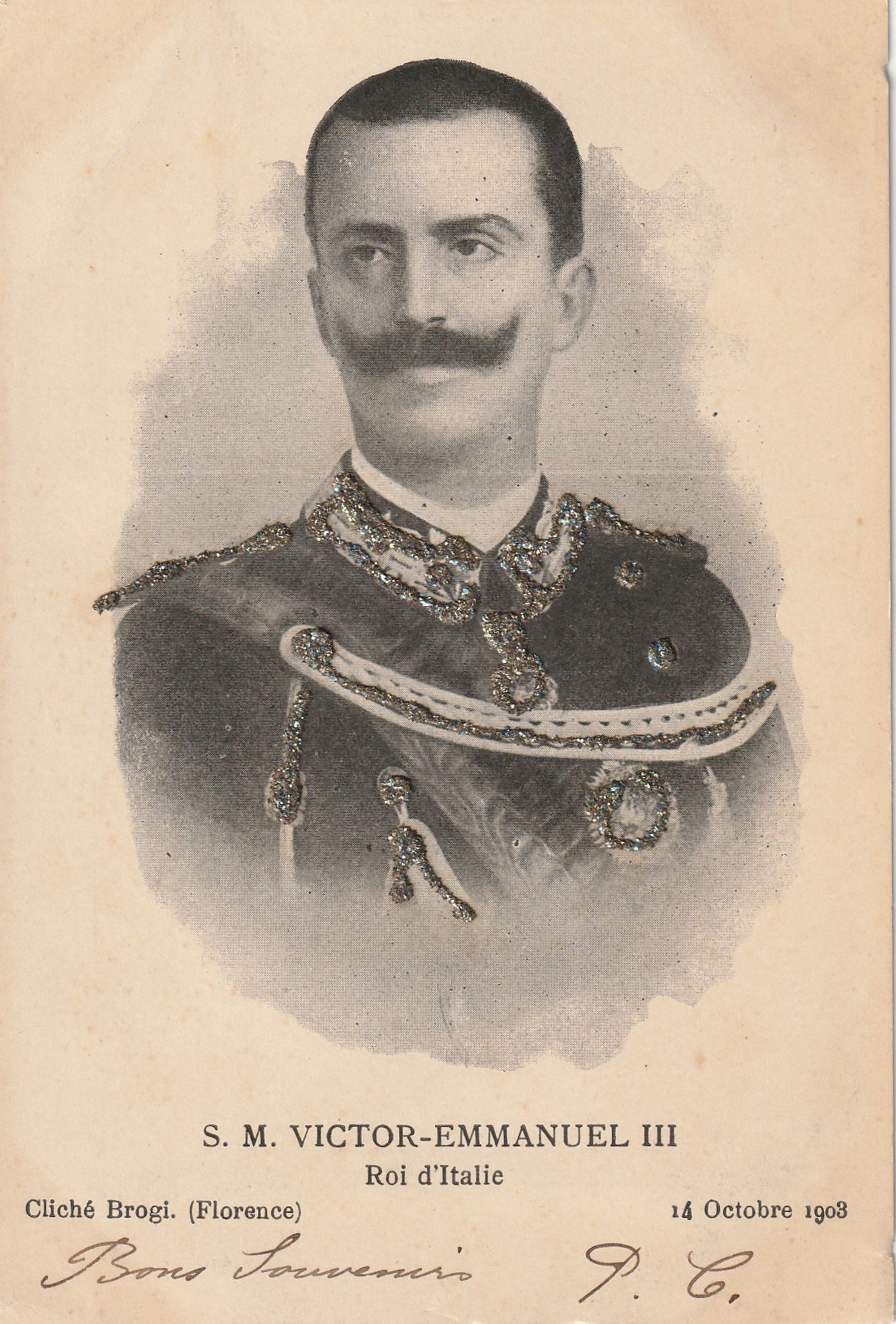 2 x cpa ITALIA ITALIE. Le Roi Victor-Emmanuel III et la Reine Hélène 1903 avec paillettes collées