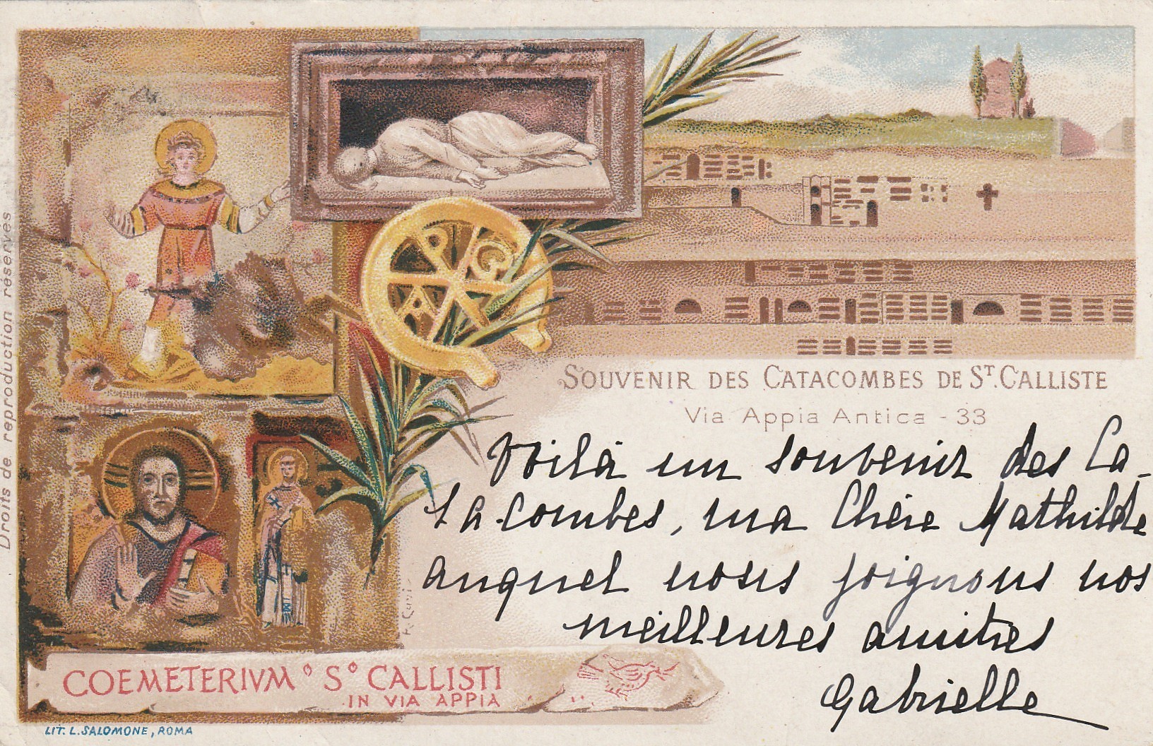 ITALIE ITALIA. Carte postale précurseur Litho 1900. Roma. Catacombes de St Calliste via Appia.
