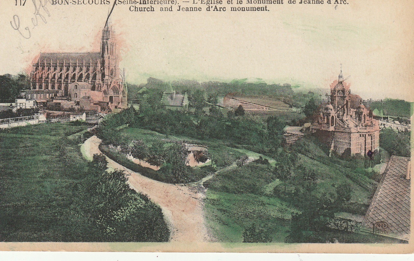 Lot 7 cpa 76 BONSECOURS. Eglise avec Monument Jeanne d'Arc, Tramway, Raidillon
