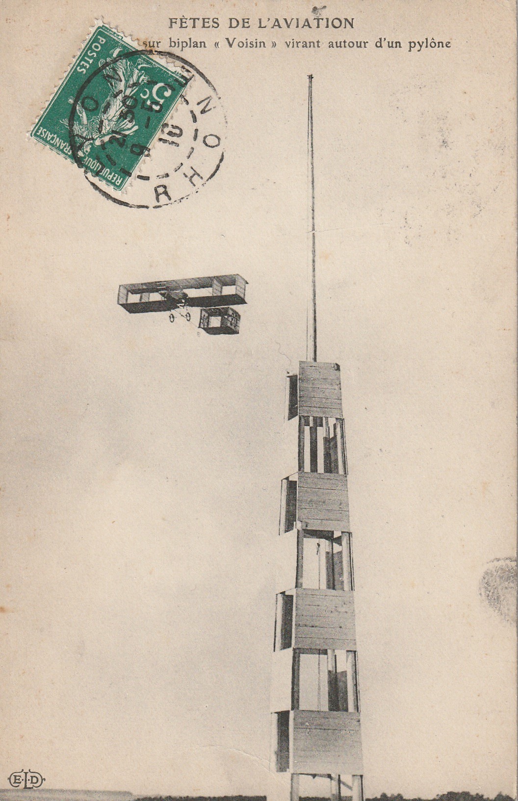 FETES DE L'AVIATION. Voisin su biplan virant autour d'un Pylône 1910