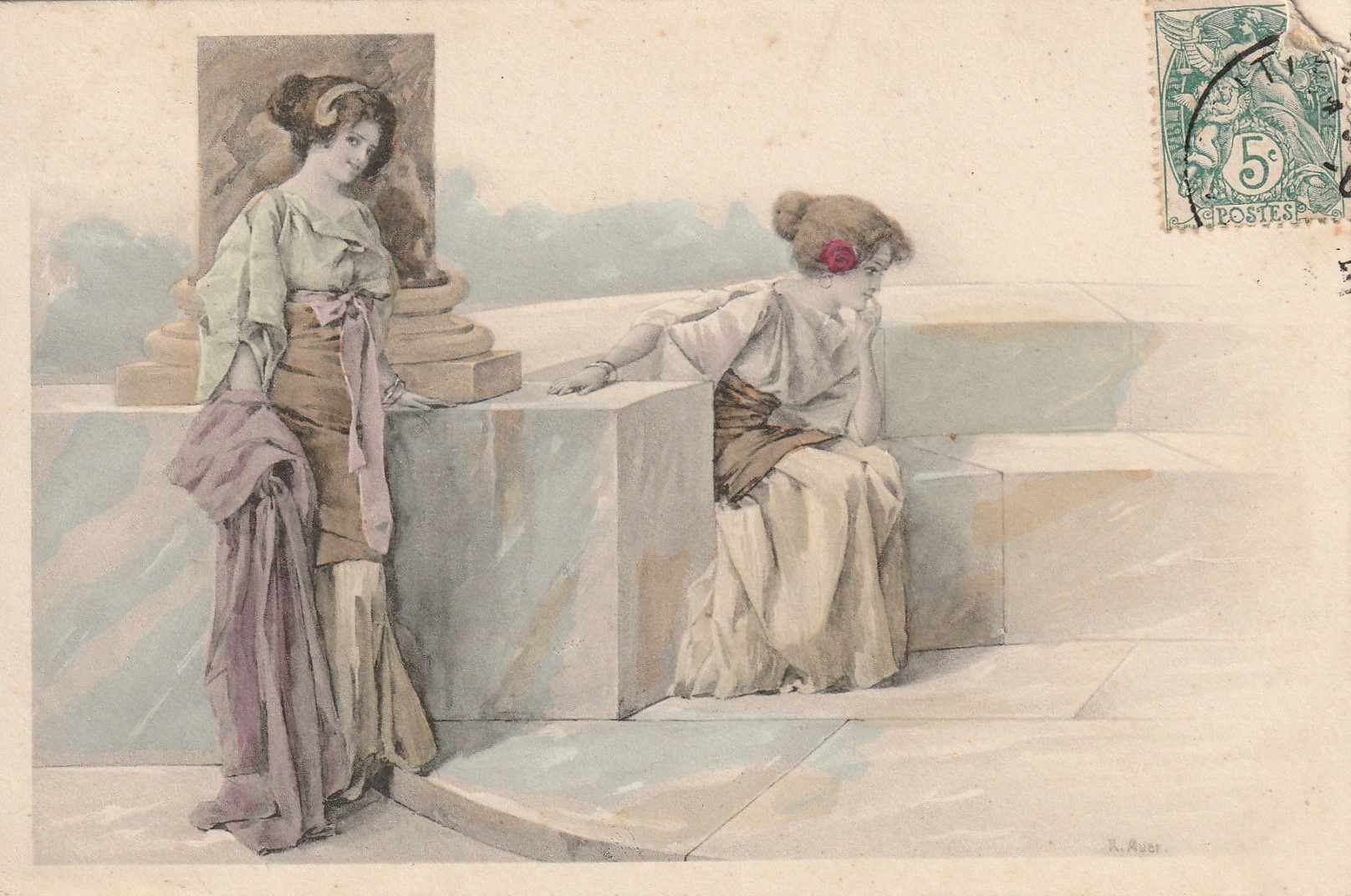 Illustrateur AUER. Superbes femmes au Temple ton pastel vers 1905 n° série 166