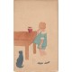 Véritable carte postale dessinée et peinte à la main par Zette. Enfant et son Chat