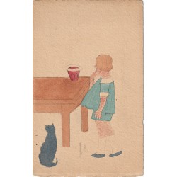 Véritable carte postale dessinée et peinte à la main par Zette. Enfant et son Chat