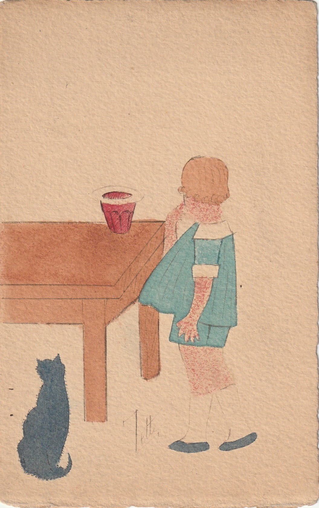 Véritable carte postale dessinée et peinte à la main par Zette. Enfant et son Chat