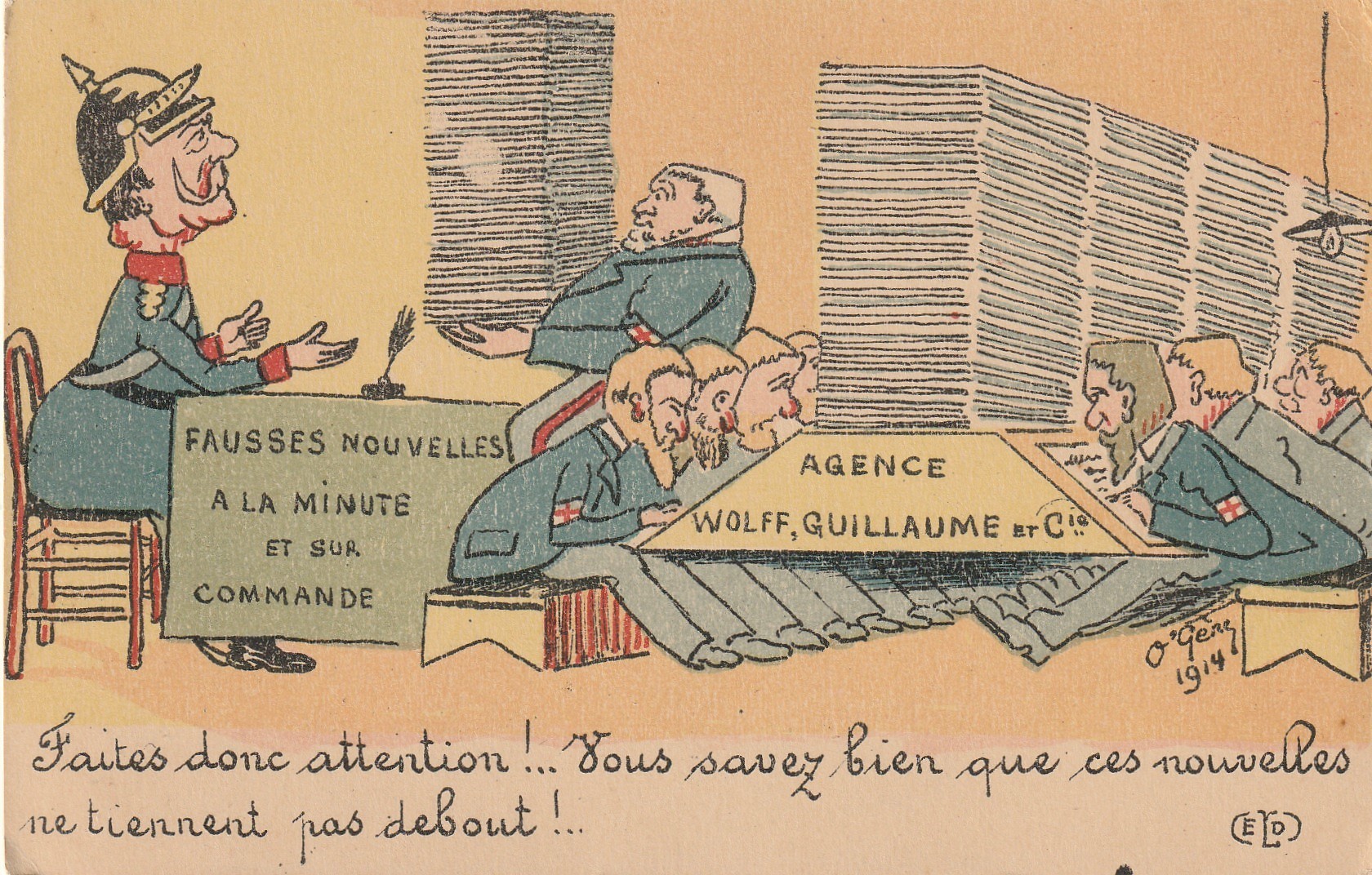 Caricature satirique illustrateur Gène Agence Wolff Guillaume et Cie "Fausses nouvelles sur commande". 1914
