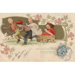 Publicité " BELLE JARDINIERE " 2 rue du Pont Neuf à Paris 1904 Jeux d'enfants voiturette en bois et poupée