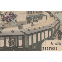 Carte montage Gare Train Locomotive Voyageuse Voyageur. J'arrive ou je pars de BELFORT 90 en 1908