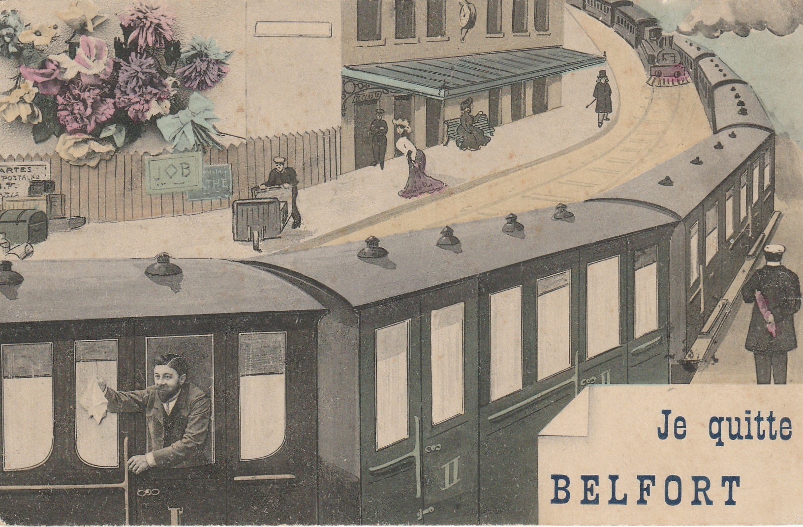 Carte montage Gare Train Locomotive Voyageuse Voyageur. J'arrive ou je pars de BELFORT 90 en 1908