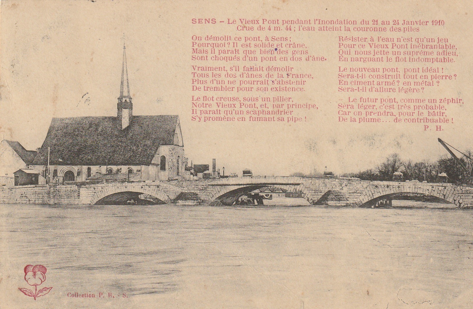 89 SENS. Le Vieux Pont inondations de 1910. Véritable ajoutis étiquette de luxe Chapuis