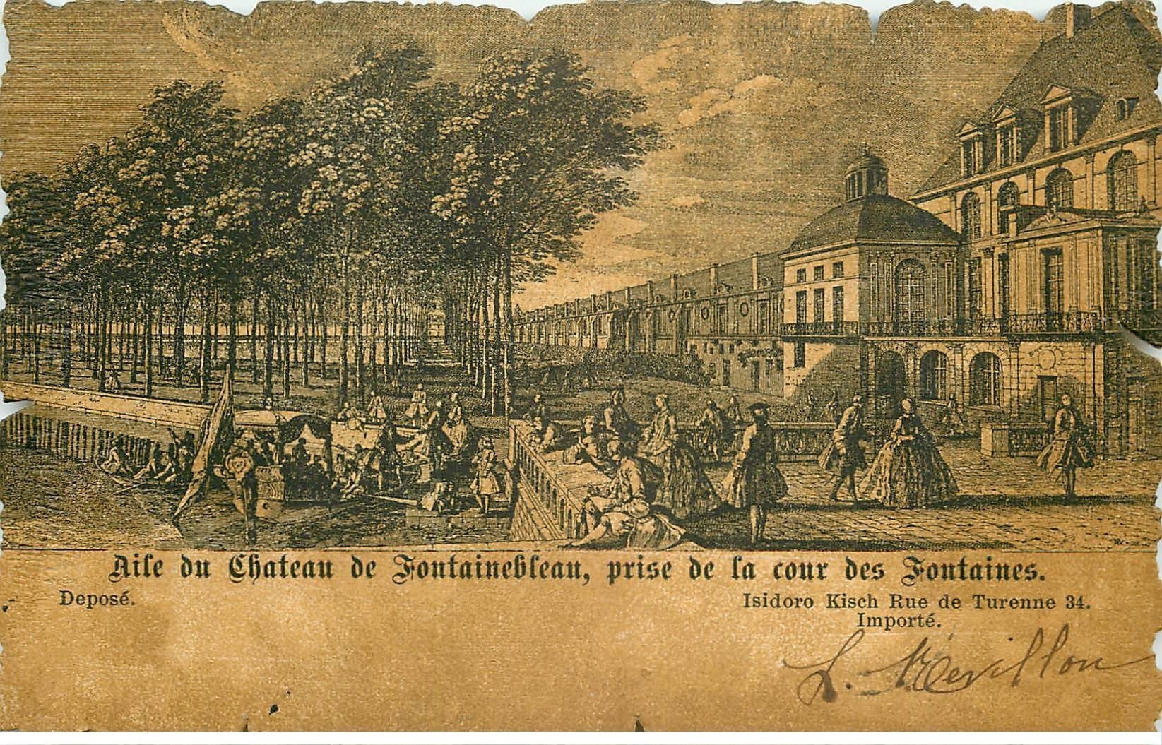 carte postale ancienne 77 FONTAINEBLEAU. Cour des Fontaines. Carte style parchemin bords découpe 1902
