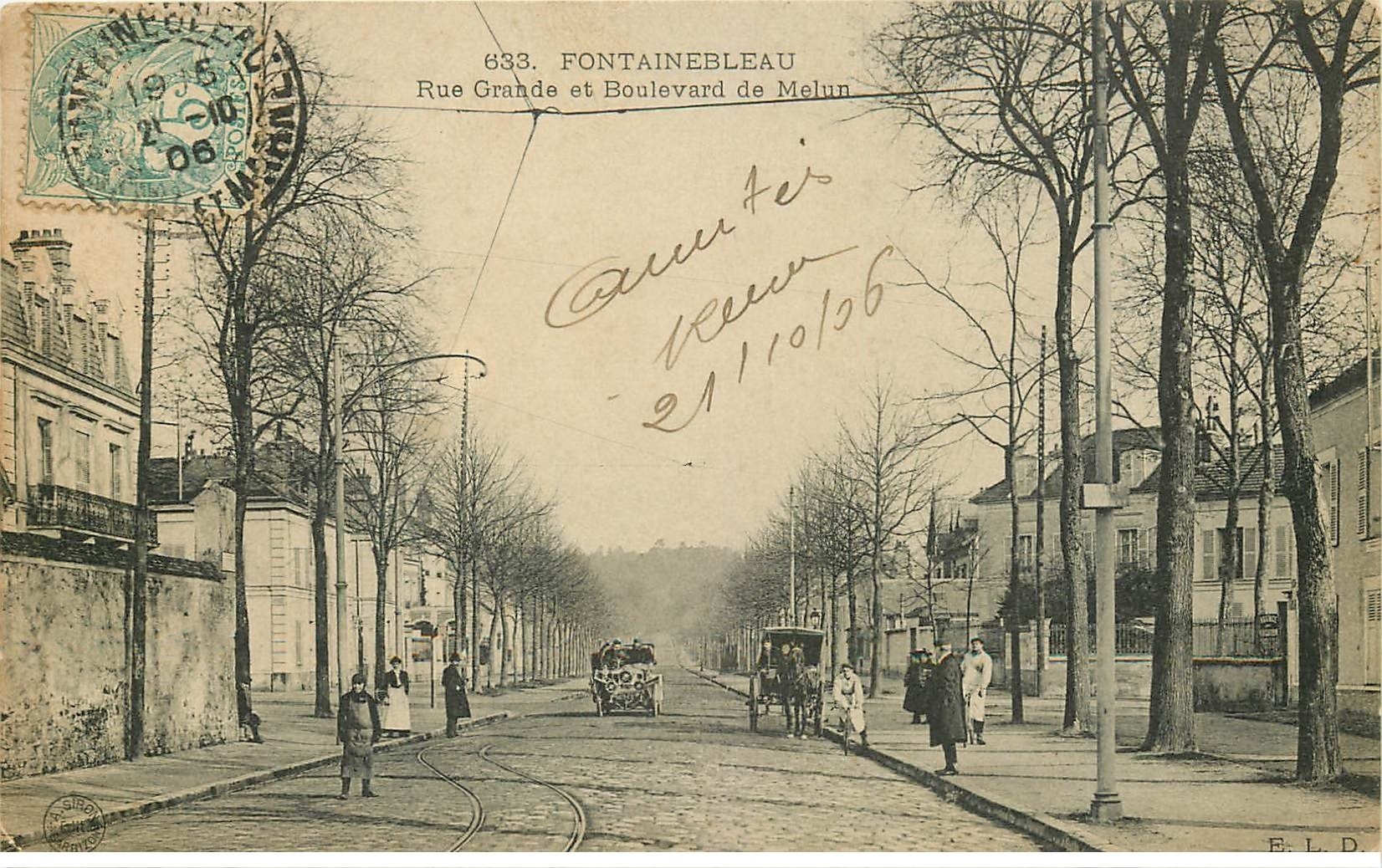 carte postale ancienne 77 FONTAINEBLEAU. Rue Grande et Boulevard de Melun 1906