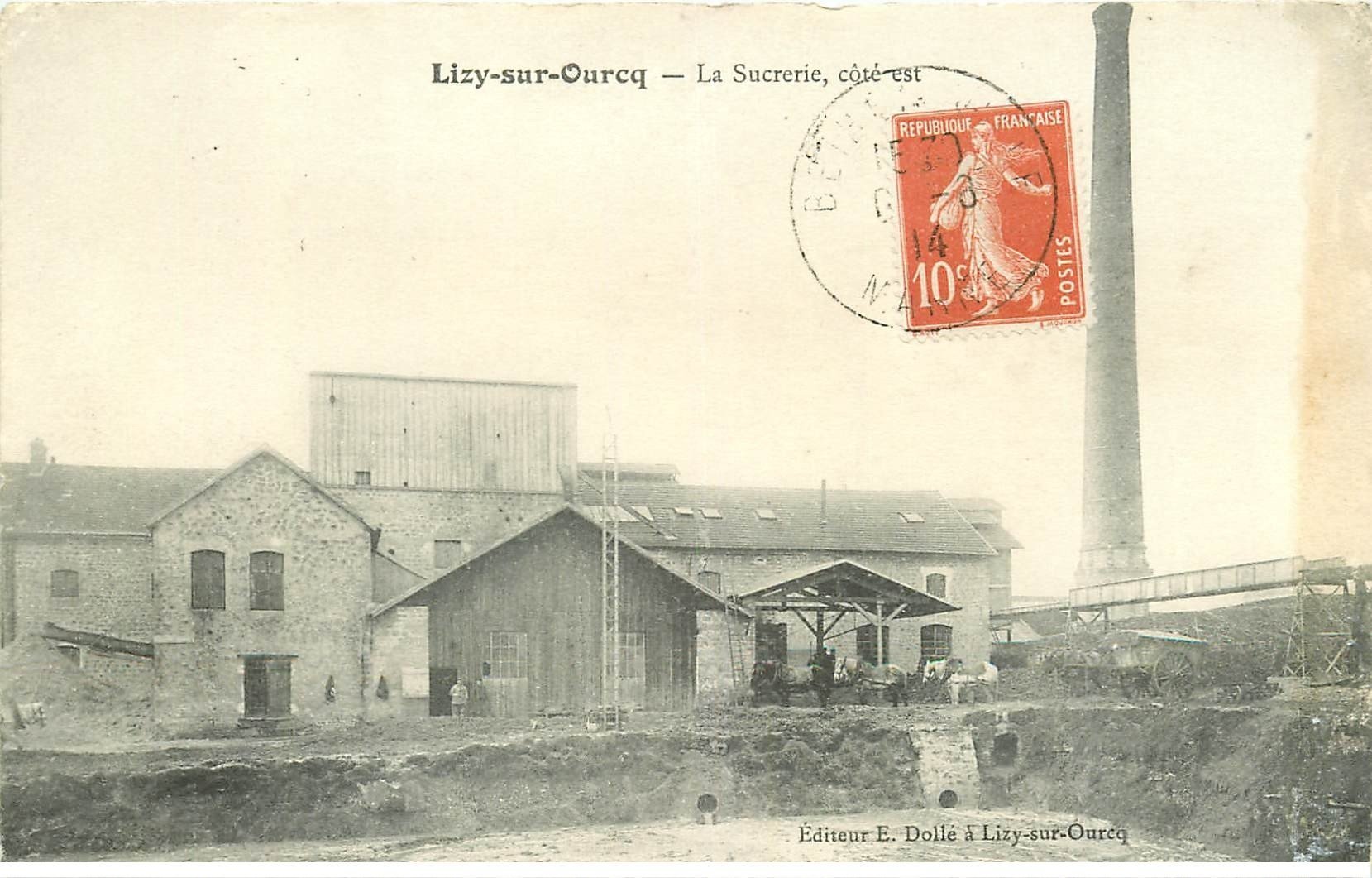 carte postale ancienne 77 LIZY-SUR-OURCQ. La Sucrerie 1914 Attelage Chevaux