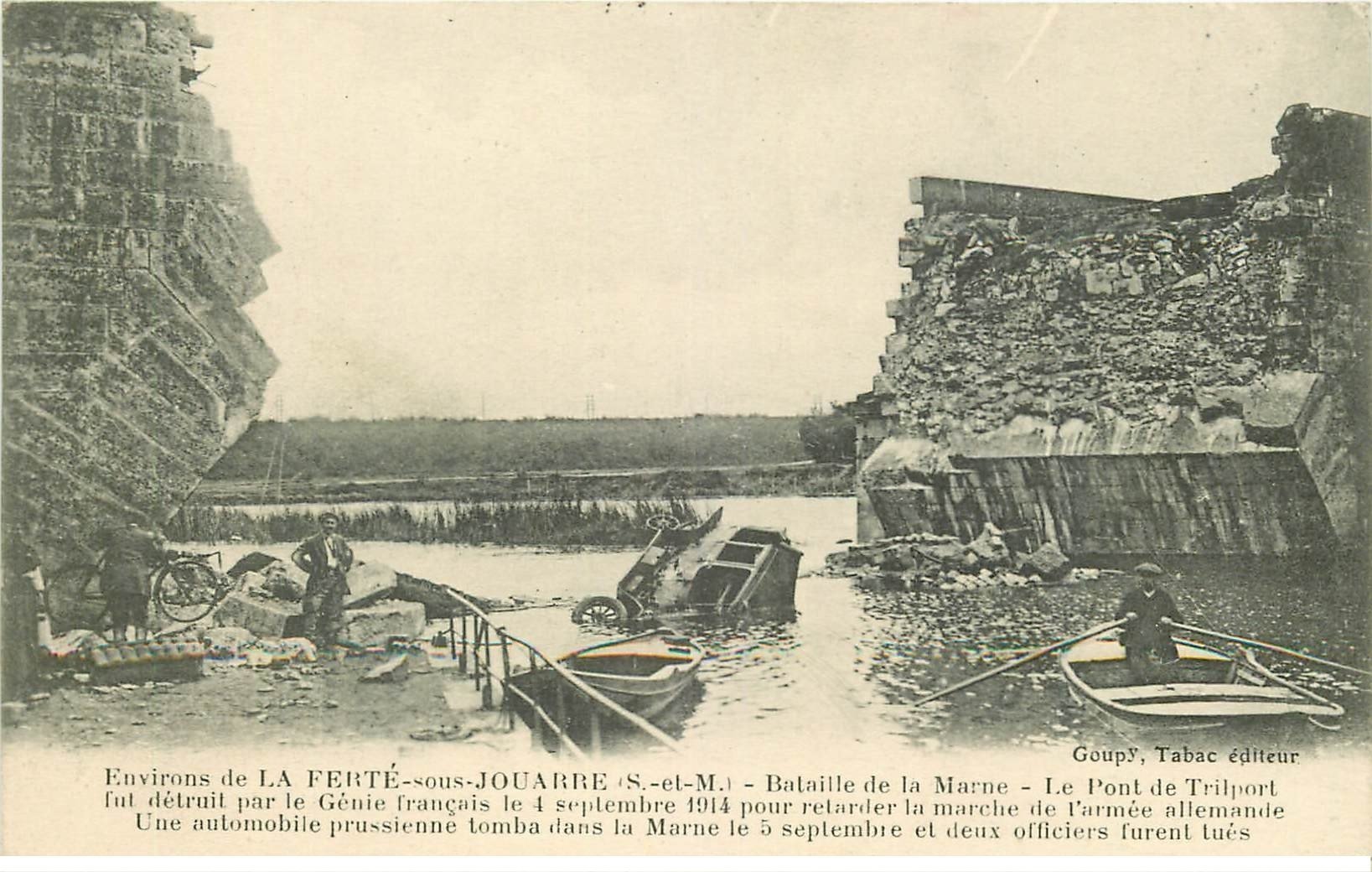 carte postale ancienne 77 LA FERTE-SOUS-JOUARRE. Le Pont de Trilport animation. Guerre 1914. Tampon du Génie
