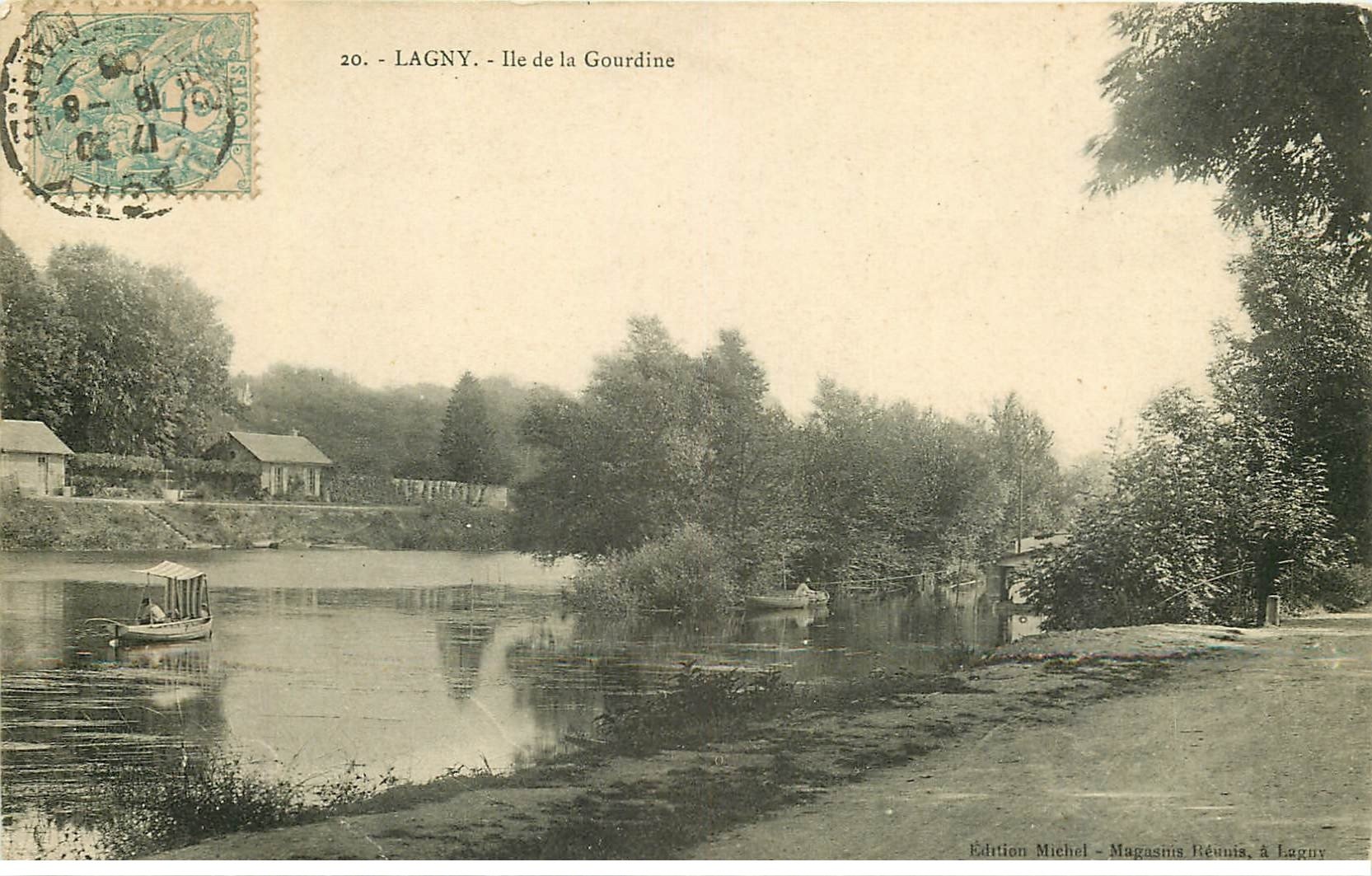 carte postale ancienne 77 LAGNY SUR MARNE. Ile de la Gourdine Pêcheurs sur barque 1906