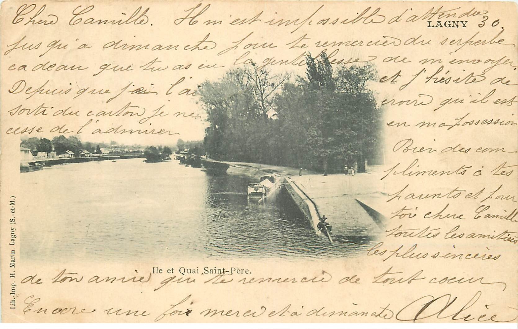 carte postale ancienne 77 LAGNY SUR MARNE. Ile et Quai Saint-Père 1903