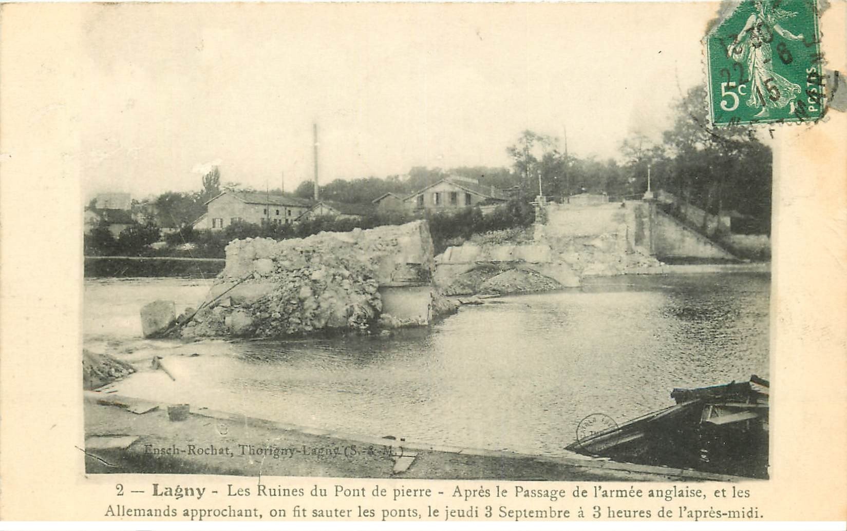 carte postale ancienne 77 LAGNY SUR MARNE. Ruines Pont de Pierre 1915