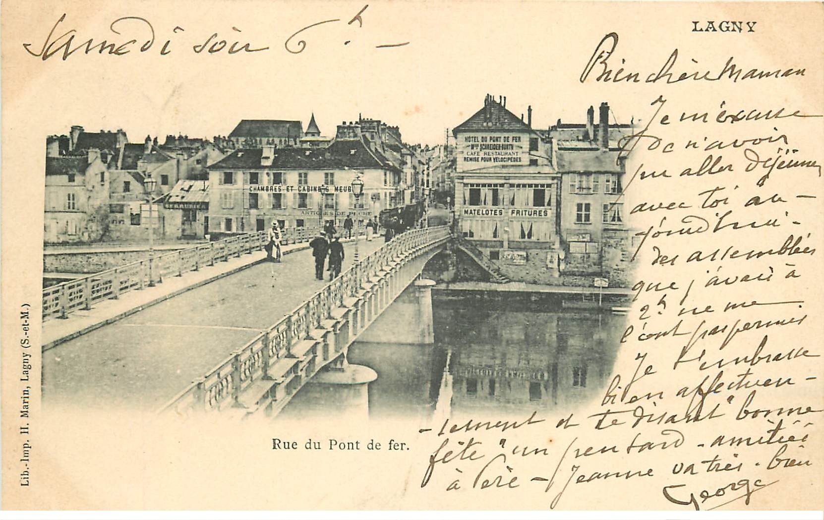 carte postale ancienne 77 LAGNY SUR MARNE. Rue du Pont de Fer 1901 Hôtel Café Restaurant