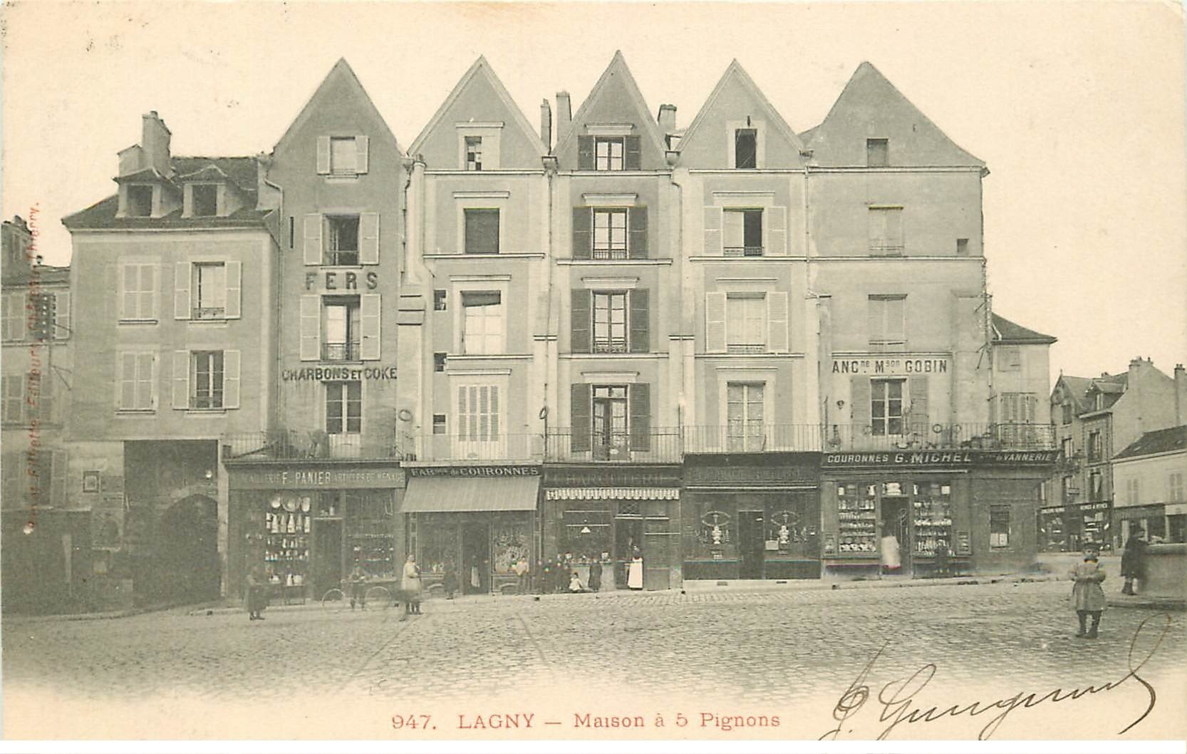 carte postale ancienne 77 LAGNY SUR MARNE. Maison à 5 Pignons 1903 Fabrique de Couronnes et Pharmacie
