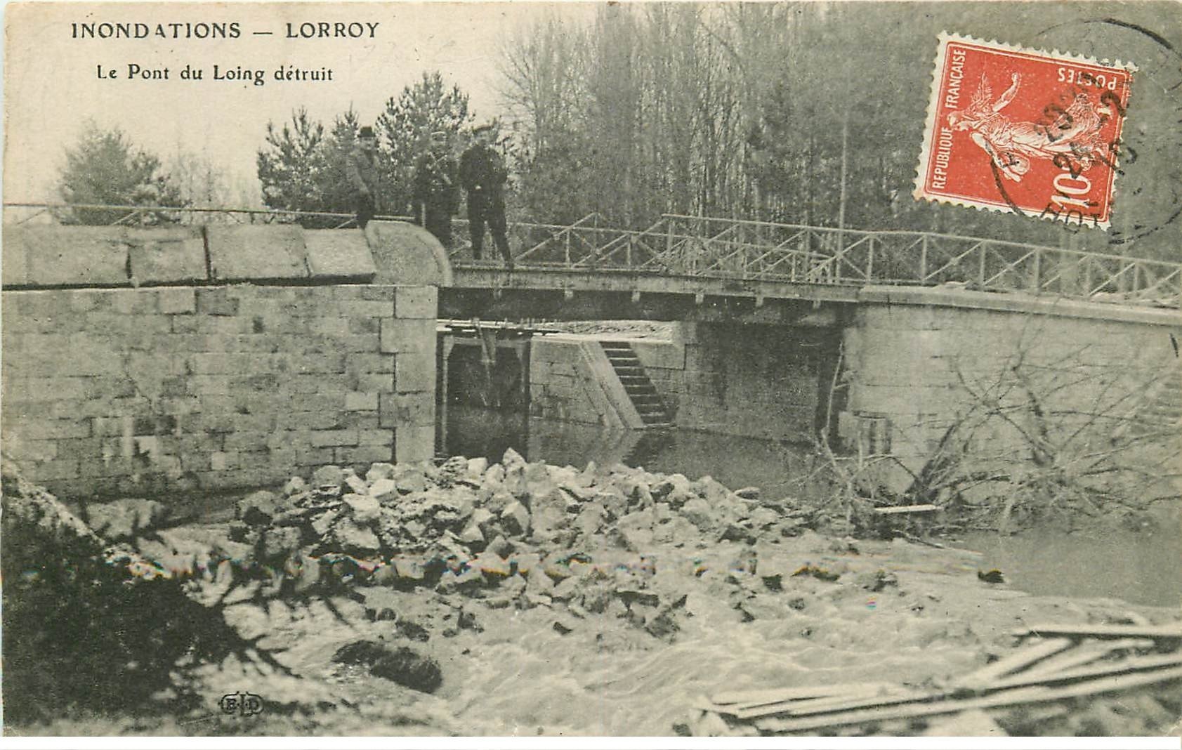 carte postale ancienne 77 LORROY. Le Pont du Loing détruit 1919