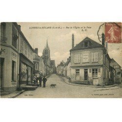 carte postale ancienne 77 LORREZ-LE-BOCAGE. La Poste rue de l'Eglise. Coiffeur et Café. Panneau BYRRH