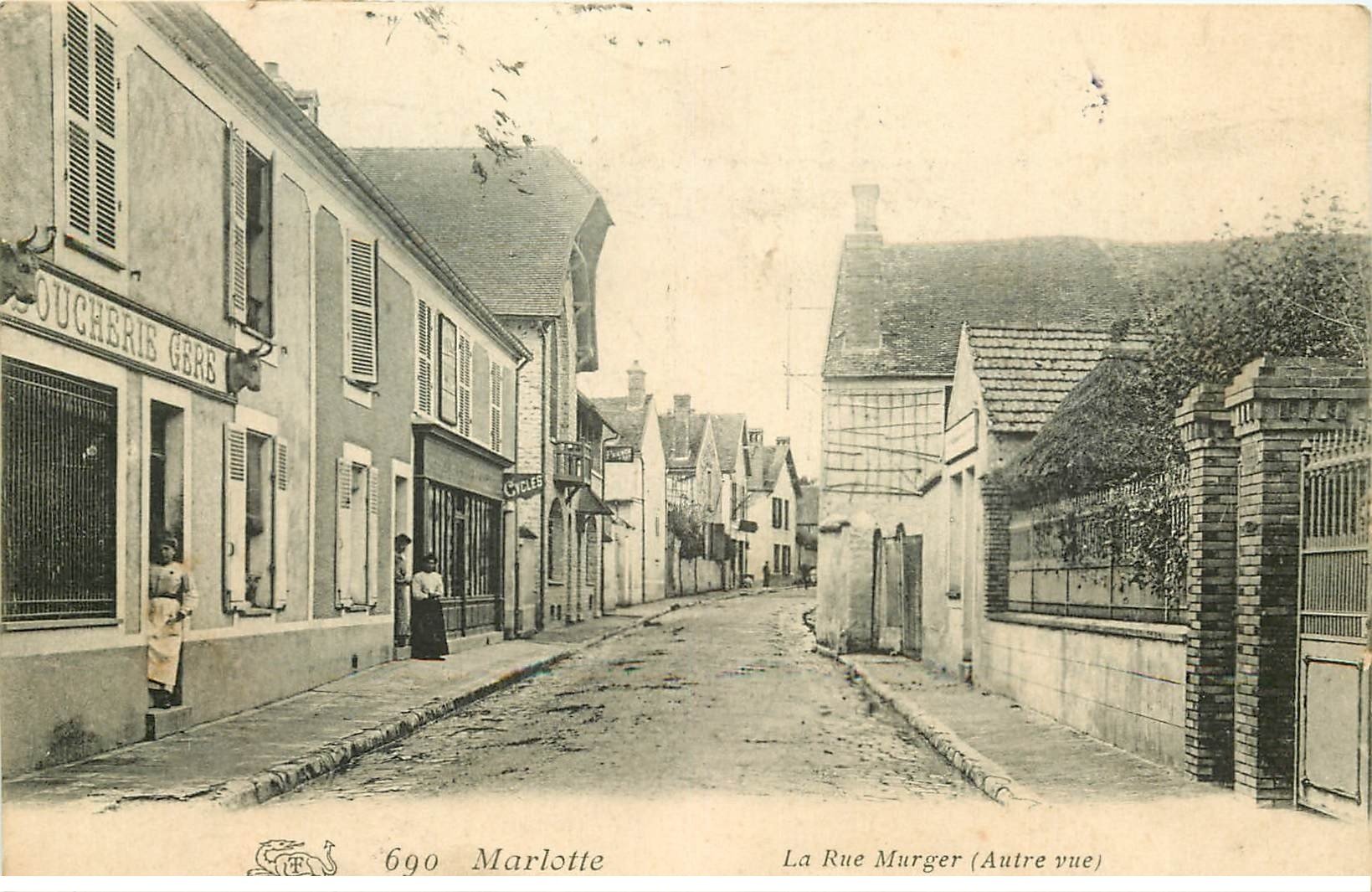 carte postale ancienne 77 MARLOTTE. La Rue Murger Boucherie Gere 1914