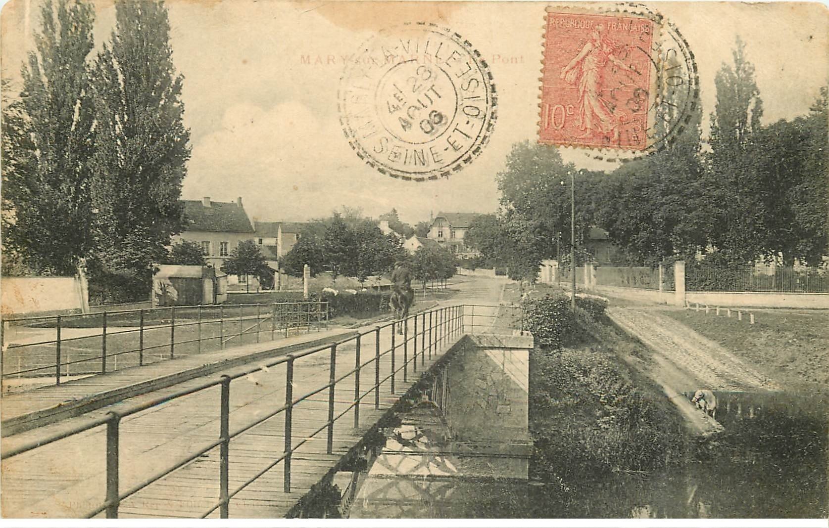 carte postale ancienne 77 MARY-SUR-MARNE. Cavalier sur le Pont 1906