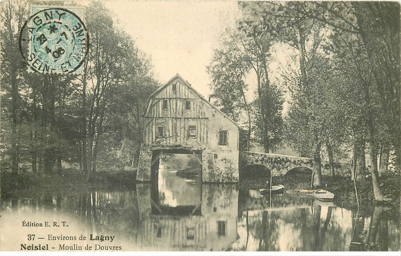 carte postale ancienne 77 NOISIEL. Moulin de Douvres 1906 avec Pêcheur en barque