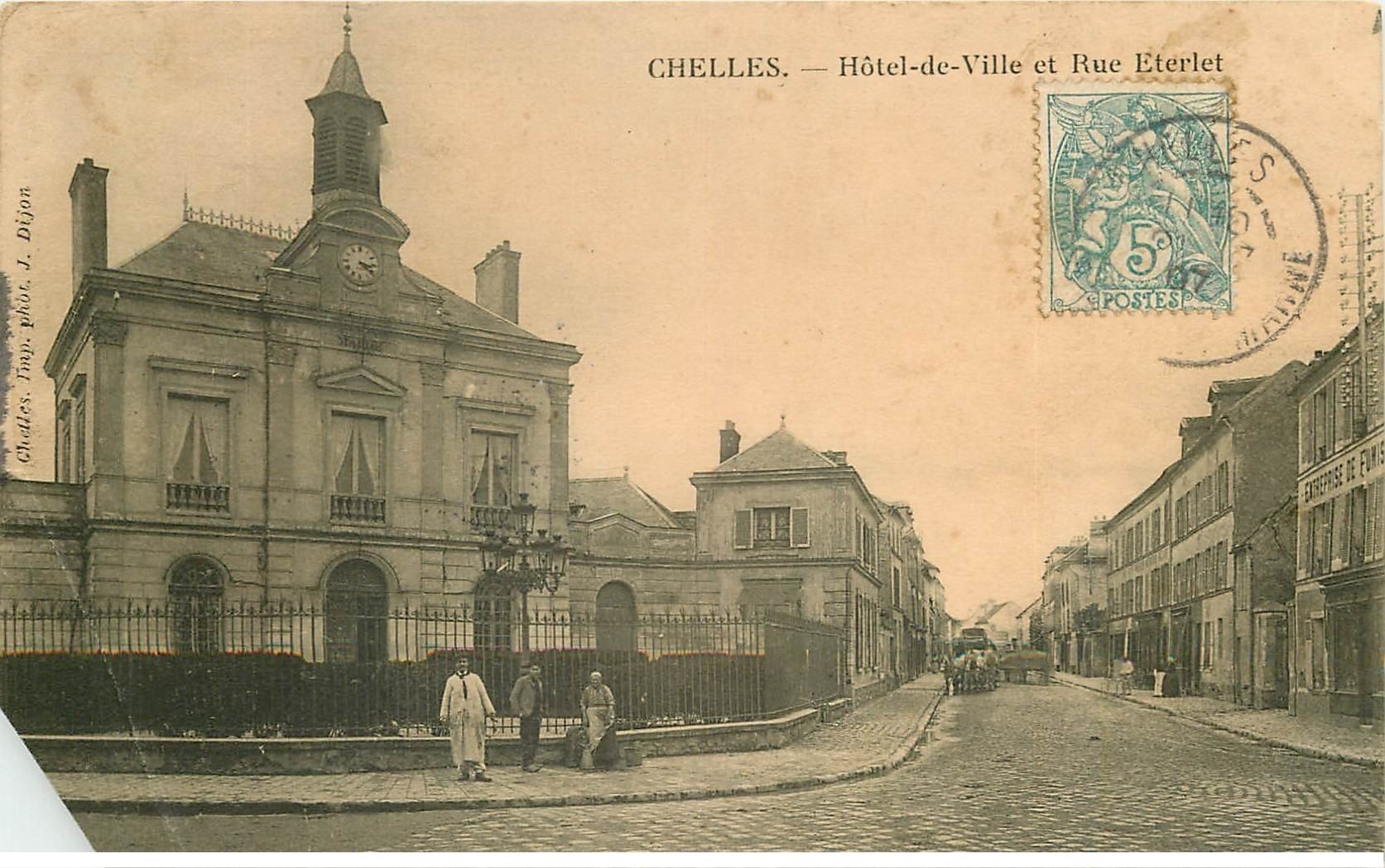 carte postale ancienne 77 CHELLES. Hôtel de Ville rue Eterlet 1907. Pli coin gauche biseauté