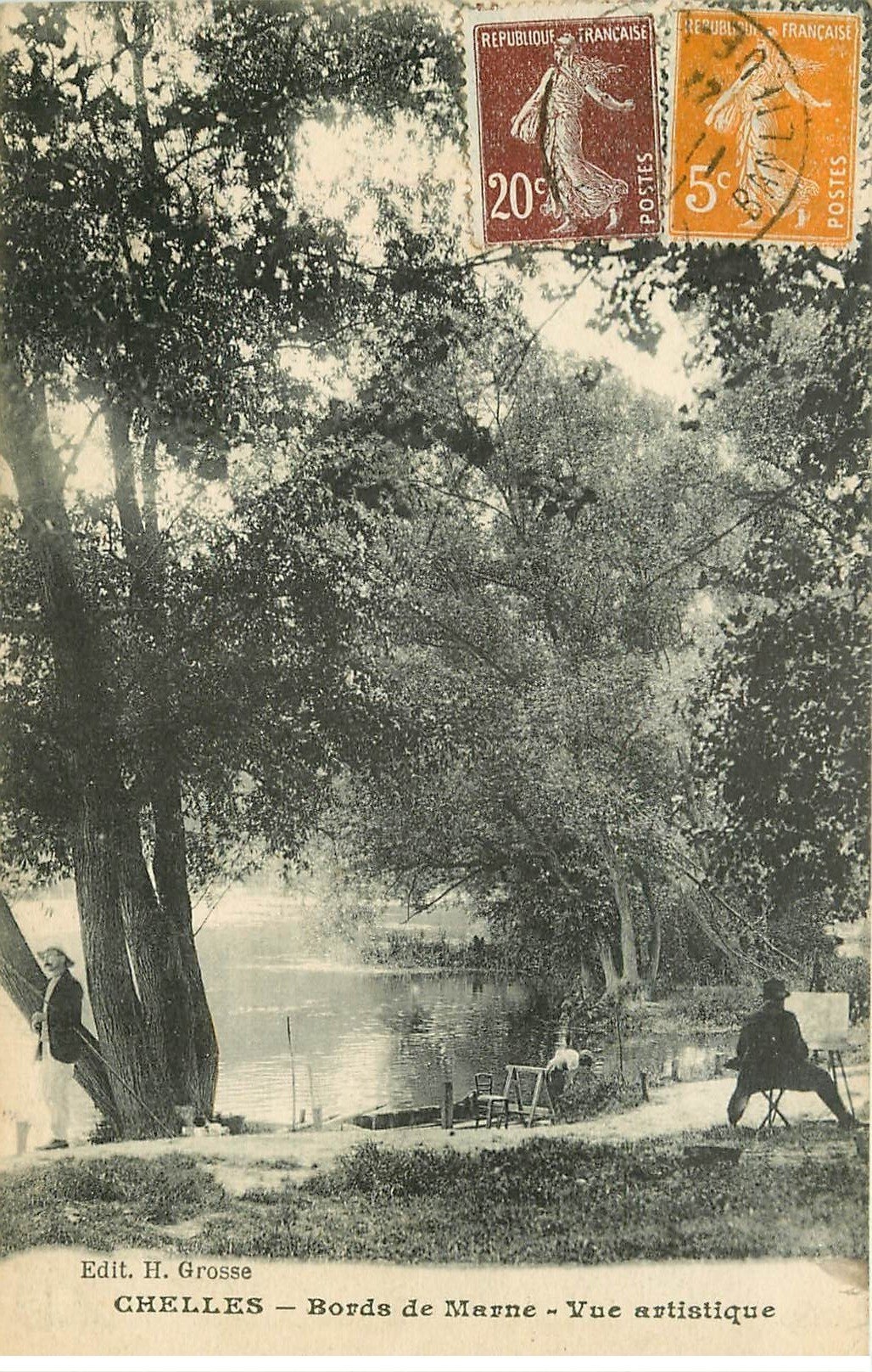 carte postale ancienne 77 CHELLES. Pêcheur et Artiste Peintre bords de Marne 1927