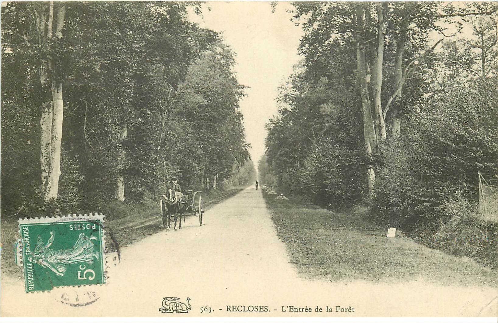 carte postale ancienne 77 RECLOSES. Attelage Entrée de la Forêt. Timbres Taxe 5 centimes 1908