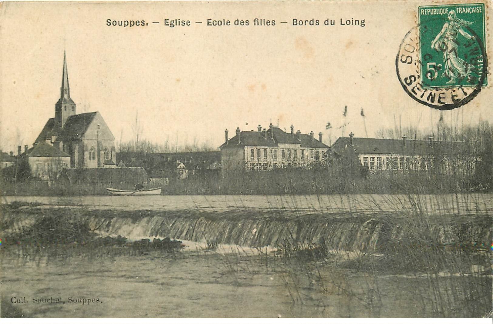 carte postale ancienne 77 SOUPPES. Eglise et ecole de filles 1911