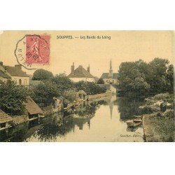 carte postale ancienne 77 SOUPPES. Lavoir sur les Bords du Loing. Carte toilée 1906