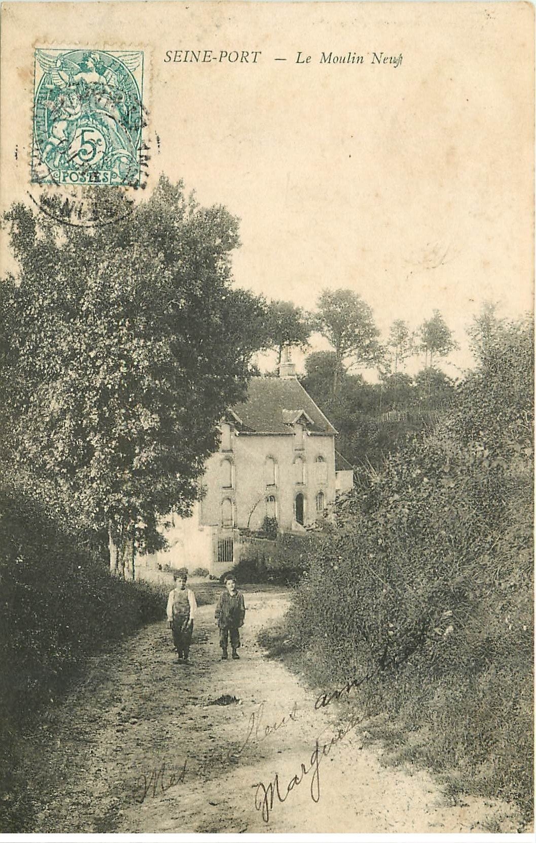 carte postale ancienne 77 SEINE-PORT. Le Moulin Neuf 1904 animation