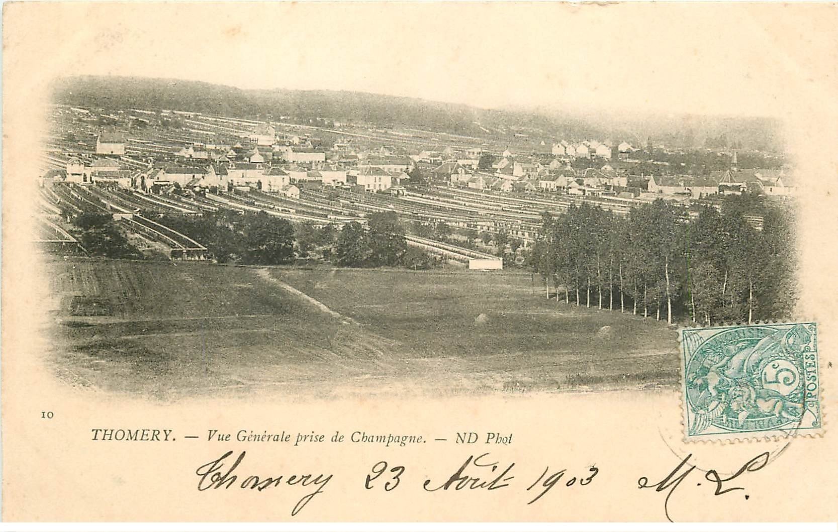 carte postale ancienne 77 THOMERY. Vue prise de Champagne 1903