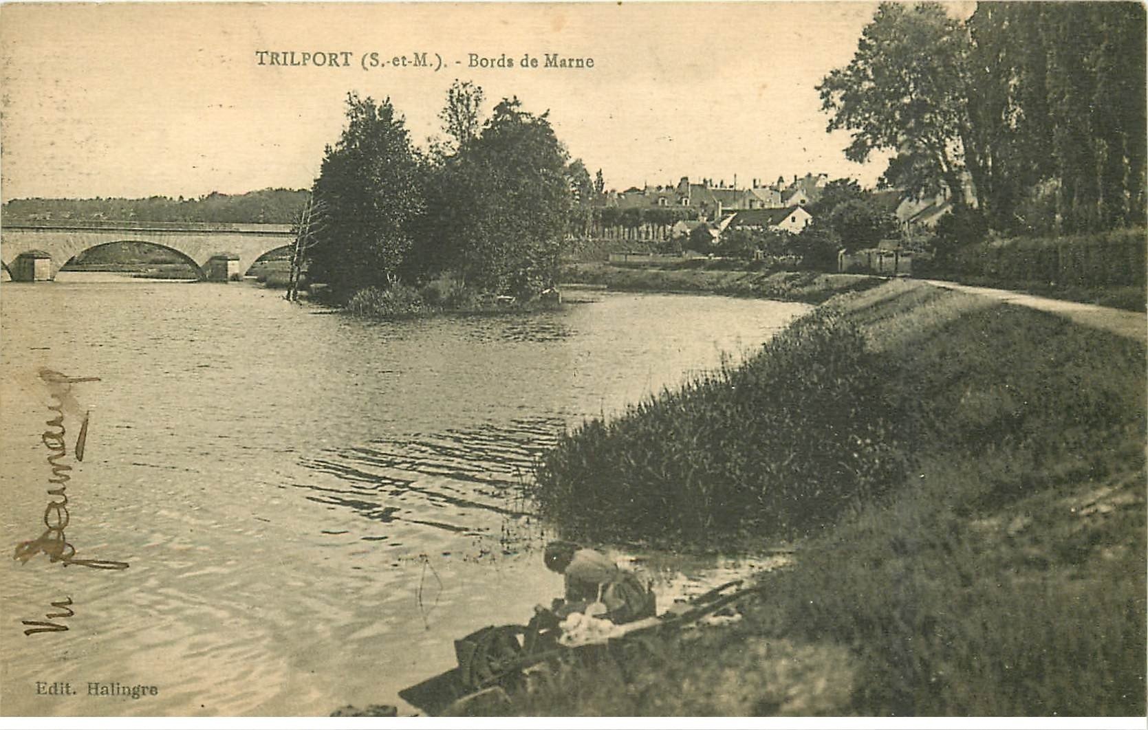 carte postale ancienne 77 TRILPORT. Lavandière Laveuse bords de Marne 1923