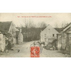 77 COURCELLES SOUS JOUARRE. L'entrée du Pont avec cheval et poules 1909