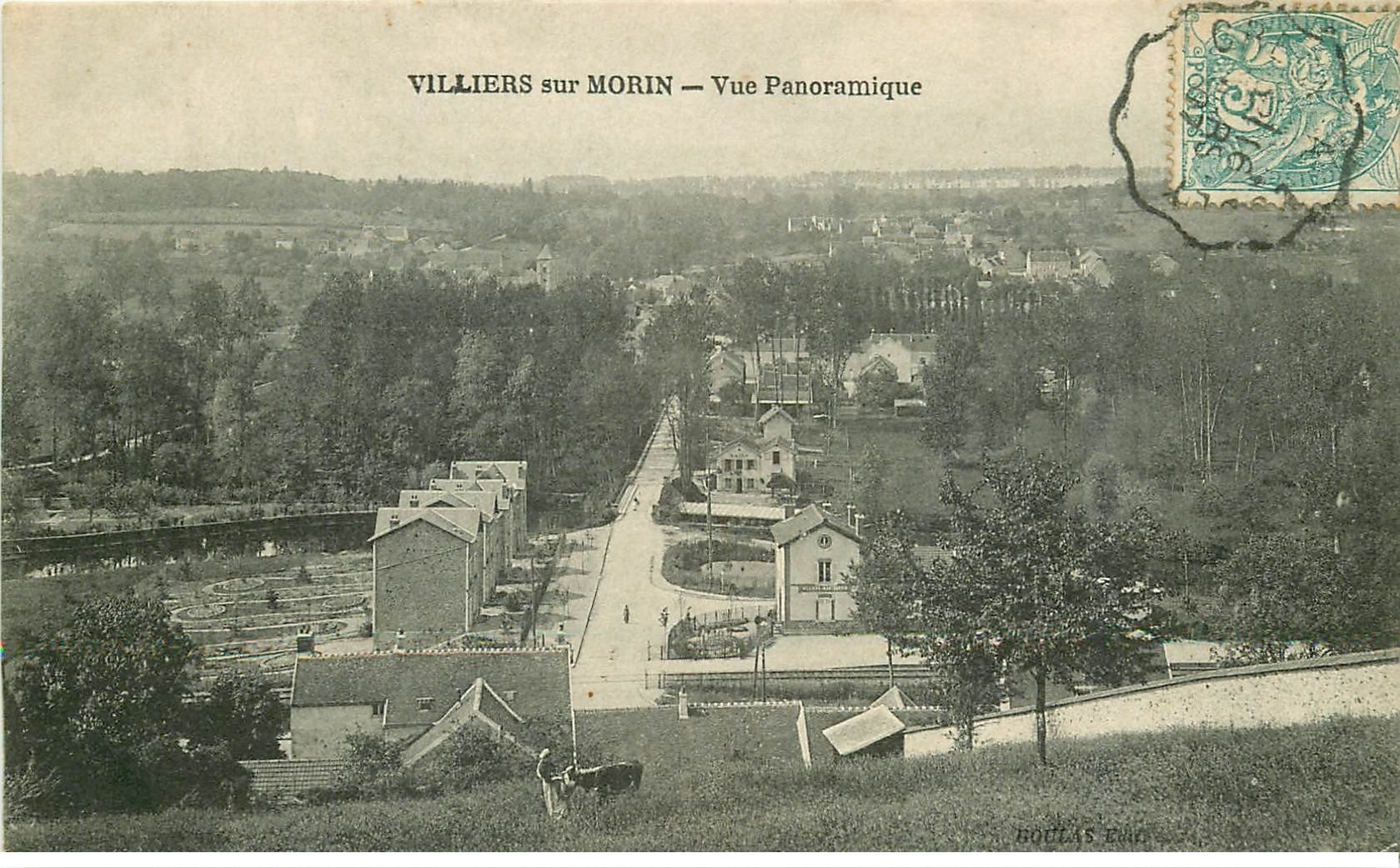 carte postale ancienne 77 VILLIERS-SUR-MORIN. Vue panoramique 1907 avec Fermière et Vache