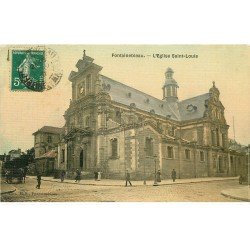 carte postale ancienne 77 FONTAINEBLEAU. L'Eglise Saint-Louis Rue Grande 1910 carte toilée